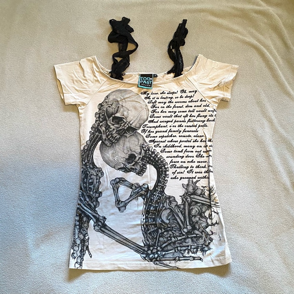 Too Fast Skeleton Love Is Bow Top with Black Lace Shoulder Ties